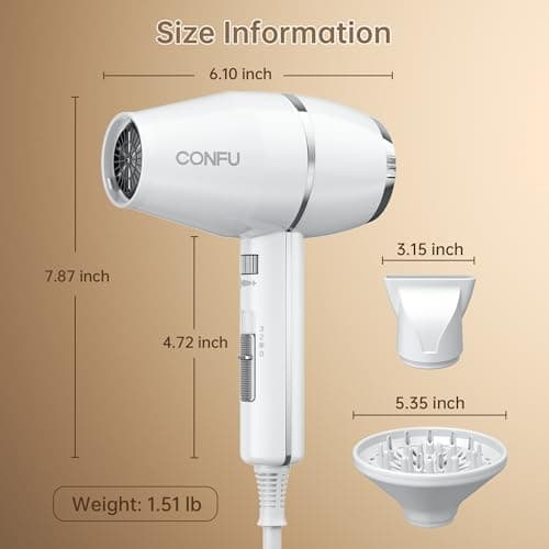 CONFU Hair Dryer Professional Hairdryer - Natural Ionic Salon Blowdryer for Smooth & Volume - 1875 Watt Fast Drying Blow Dryer with Diffuser for Curly Hair - Thumbnail 6
