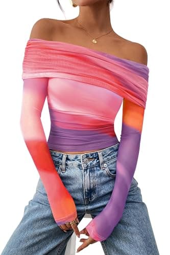 PRETTYGARDEN Womens Tops 2026 Spring Off The Shoulder Long Sleeve Fitted Y2k Shirts Floral Ruched Mesh Going Out Outfits(Multicolour Print,Medium) - Thumbnail 5