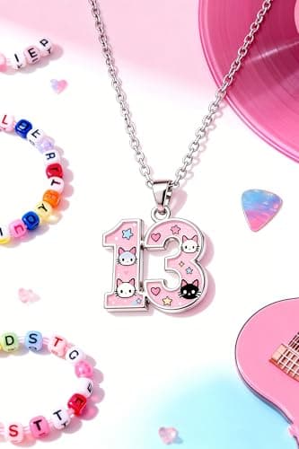 HBFKL Number 13 Dainty Necklace for Music Fans - Valentine's Gift Cute Cat Pink Glitter Enamel Pendant Jewelry, Trendy Gift for Music Lover Teen Girls & Women - Thumbnail 2