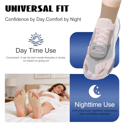 Bunion Corrector for Women & Men - Professional Big Toe Separators for Day & Night Use - Soft Gel Bunion Splint Pads for Hallux Valgus Relief, Hammer Toe Straightener - Comfortable, Breathable & Anti-Slip (Beige, 1 Pair) - Thumbnail 5