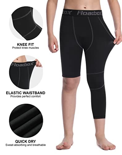 Roadbox Boys One Leg Compression Pants, 2Pack 3/4 Athletic Basketball Leggings, Youth Sports Baselayer Tights - Thumbnail 4
