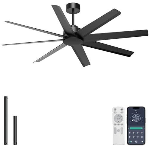 Ohniyou 60'' Ceiling Fan No Light - Modern Black 8 Blades Ceiling Fan Remote/APP Control, DC Motor Outdoor Fan for Covered Patio, Living Room, Shop, Garage - Image 1