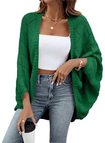 Sidefeel Women's Cardigan Sweater Kimonos Boho Long Batwing Sleeve Spring Summer Knit Lightweight Sweater Dark Green Small - Image 1