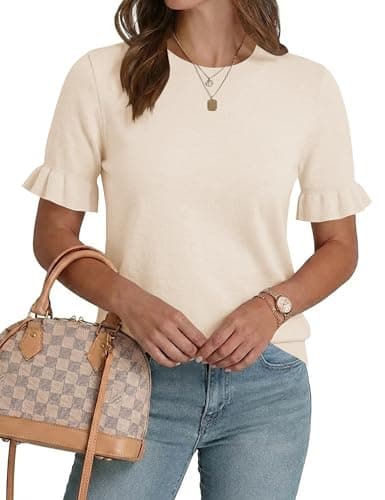 LaGracia Womens Summer Tops Cute Puff Short Sleeve Sweater Spring Outfits Fashion Crewneck Business Causal Work Clothes Fashion 2026 Beige M - Thumbnail 2