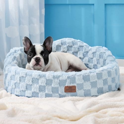 Joydeco Cloud Dog Bed for Small Dogs & Cats, Washable Pet Bed with Orthopedic Foam and Removable Checkered Plush Pad, Non-Slip Bottom for Indoor Puppies and Kittens, 27x24 Inch, Light Blue