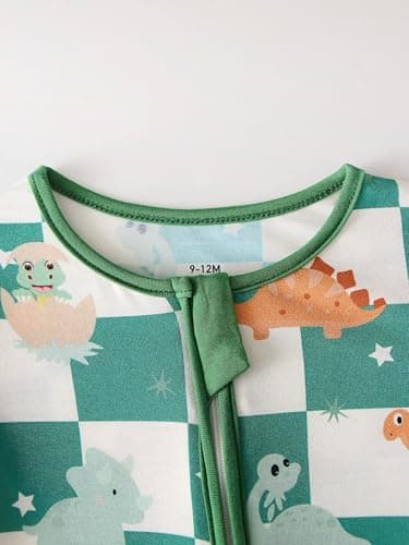 Joonberry Infant Baby Girl Clothing Bamboo Rayon Footies, Newborn outfit Footed Long Sleeve Jumpsuit with Zipper and Mitten Cuffs (Dinosaur Checkerboard, 3-6M) - Thumbnail 3