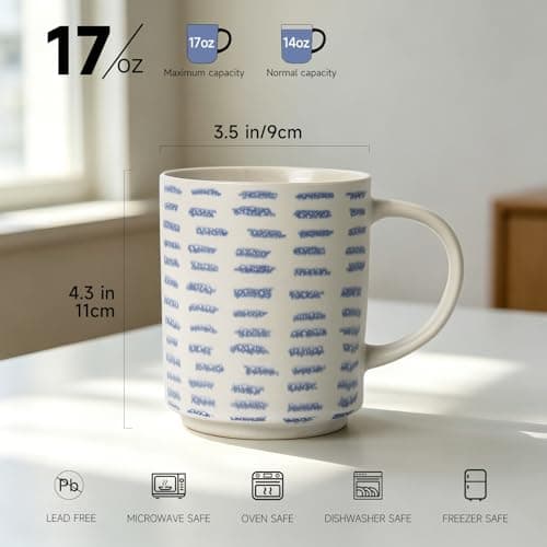 ALOFMO Coffee Mugs Set of 6, 17oz Ceramic Mugs with Handpainted Blue Gray Stripe Pattern, Modern Stackable Coffee Cups, Dishwasher and Microwave Safe Mugs for Home & Office - Thumbnail 2