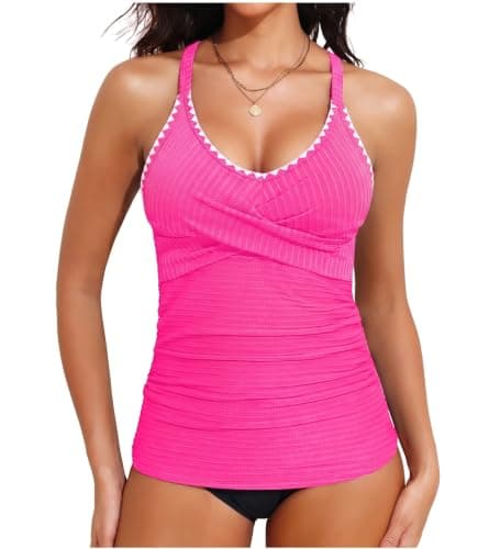 Womens Tankini Tops Shell Trim Bathing Suit Tops Adjustable Straps Tummy Control Swimsuit Tops No Bottom 2026 Hot Pink - Image 1