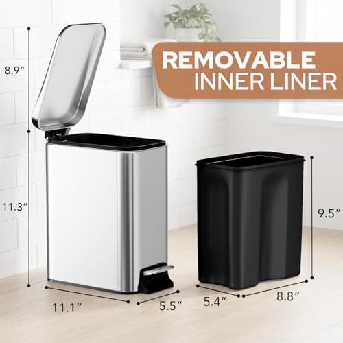Halituny Small Bathroom Trash Can w/Lid Soft Close, 6 Liter/1.6 Gallon Stainless Steel Garbage Can w/Inner Bucket, Trash Bin Waste Basket for Kitchen, Bedroom, Living Room, Office, Toilet, Silver - Thumbnail 2