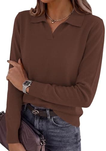 PRETTYGARDEN Womens Long Sleeve Collared Polo Sweater V Neck Knit Ribbed Business Casual Pullover Sweaters 2026 Fall Outfits (Brown,Large) - Image 1