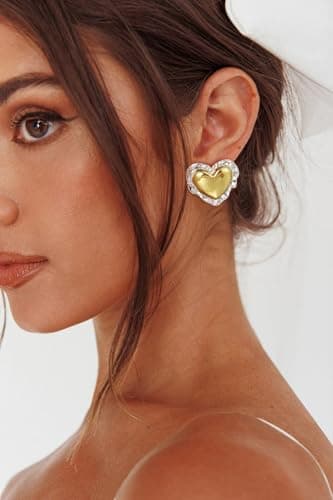 Freekiss Chunky Gold and Silver Heart Stud Earrings for Women,14K Gold Plated Irregular Heart Love Drop Earrings, Trendy Bold Geometric Jewelry Gift - Thumbnail 2