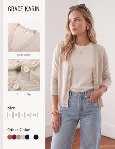 GRACE KARIN Lightweight Summer Button Up Cardigan Sweater for Women Beige M - Thumbnail 5