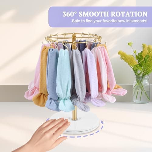 Planetgreen 360° Rotating Headband Holder for Baby Girls - Gold Hair Bow Organizer Display Stand with 30 Hooks - Spinning Hair Accessories Storage Rack for Nursery Room, Dresser & Vanity Table - Thumbnail 5
