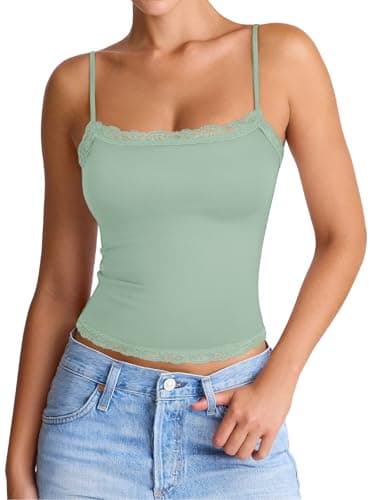PINKMSTYLE Lace Cami Tank Tops for Women Square Neck Double Lined Tops Tight Spaghetti Strap Crop Summer Sleeveless Outfits Sage Green Large - Image 1