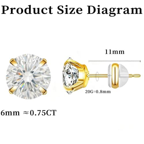 6mm Moissanite Stud Earrings in 14K Gold Plated Titanium | HypoAllergenic Earrings for Women & Men (Gold 6mm) - Thumbnail 5