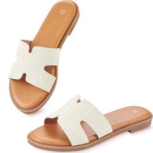 YTSKJ Womens Dressy Flat Sandals Round Open Toe Slides Casual Comfortable Cute Slip On Leather Shoes Summer Sandals for Women 2026 Raffia Size 9 - Image 1