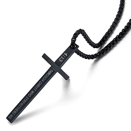 Rehoboth Stainless Steel Cross Pendant Necklaces for Men Women Philippians 4:13 Strength Bible Verse Pendant Chain 24 Inch Black - Thumbnail 2