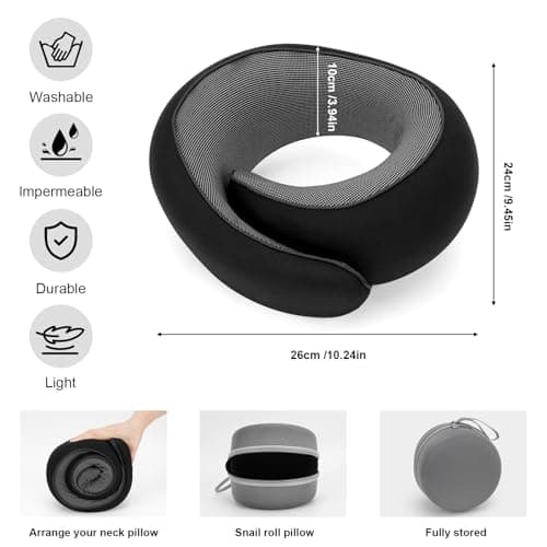 Bely King Travel Neck Pillow for Airplane - 100% Memory Foam 360° Ergonomic Support - Adjustable Velcro, Washable Velvet Cover & Compact Storage Case - Flight Essentials for Sleeping (Black) - Thumbnail 2