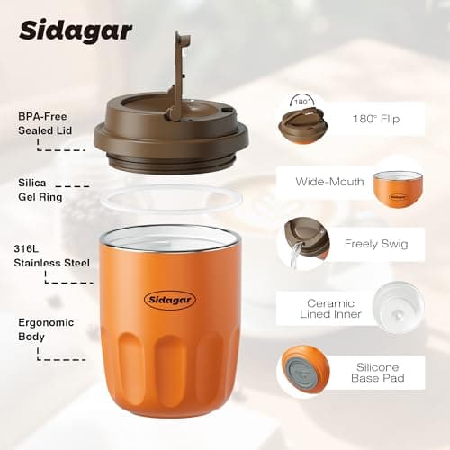 Sidagar Travel Coffee Mug 10 oz Ceramic Lined Tumbler, Double Wall Stainless Steel Coffee Cup with Lid, Vacuum Spill Proof Mini Water Bottle, Insulated Thermal Mug for Home Office, Orange - Thumbnail 6
