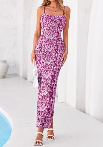 BTFBM Womens Maxi Dress 2026 Spring Floral Sexy Spaghetti Straps Sleeveless Bodycon Summer Beach Wedding Guest Dresses(Dark Purple Print, X-Small) - Thumbnail 5