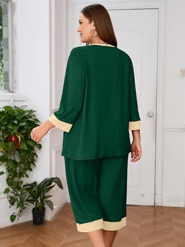 AusLook Women’s Plus Size Pajama Sets Dark Green 1X Soft 3/4 Sleeve Nightwear Top and Capri Pants Lounge Set with Pockets - Thumbnail 6