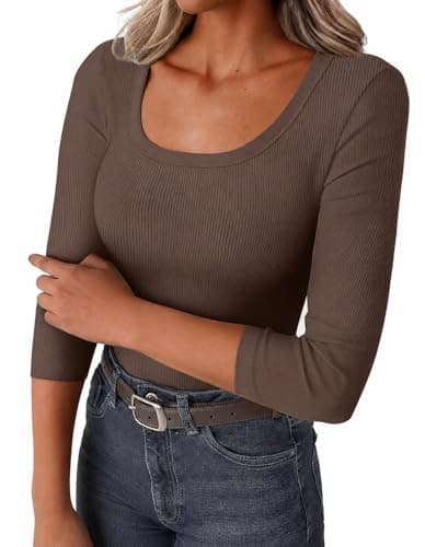GKBK Womens 3/4 Sleeve Scoop Neck Tops Ribbed Knit Slim Fitted Casual Basic Tee Shirts 2026 Summer Fashion Trendy Work Casual T-Shirt Workout Outfits Thermal Undershirts Layering Clothes Brown XS - Image 1