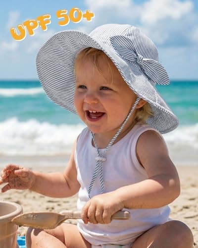 HONGTEYA Baby Sun Hat Cotton Stripe Bow Wide Brim Toddler Beach Bucket Hat - Thumbnail 2