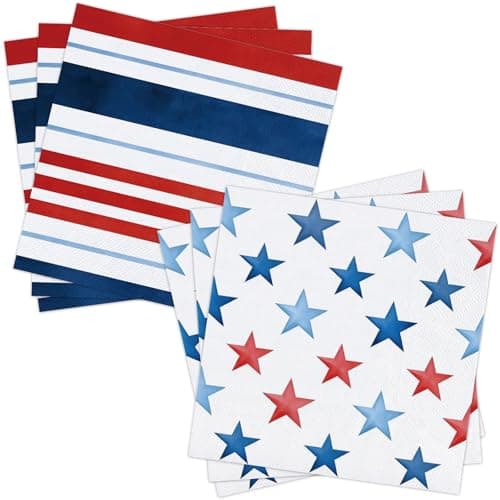 NatNarr 50 Pcs Patriotic Napkins, 6.5inch Watercolor Red Blue American Flag Stars Cocktail Napkins Patriotic Party Supplies for 4th of July, Veterans Day Election Day Independence Day Decorations - Image 1