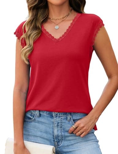JUSTFASHIONNOW Lace Blouse Soft Cap Sleeve Tops for Women Summer V Neck Tank Tops Dressy Casual Shirts Trendy 2026 Clothes(Red,XX-Large) - Thumbnail 3