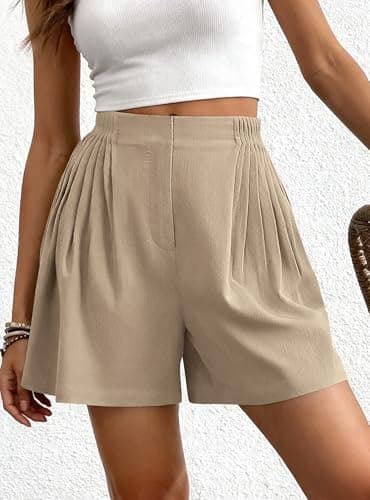 BTFBM Womens Shorts Casual 2026 Spring Summer Elastic High Waisted Pleated Cotton Shorts Beach Vacation Outfits Pockets(Khaki, XX-Large) - Thumbnail 6