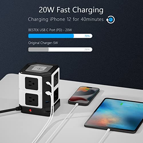 PD 20W USB C Power Strip with Wireless Charger BESTEK 8-Outlet Surge Protector and 30W 3-Port USB Charging Dock Station,4000 Joules,ETL Listed,Dorm Room Accessories (8AC+3USB+Wireless Charger-Black) - Thumbnail 3