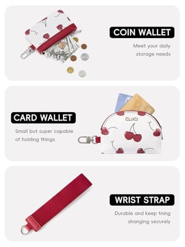 CLUCI Keychain Wallet for Women PU Leather Coin Purse Detachable Dual Pouch Wristlet Wallet Zipper Pocket Cherry Print - Thumbnail 4