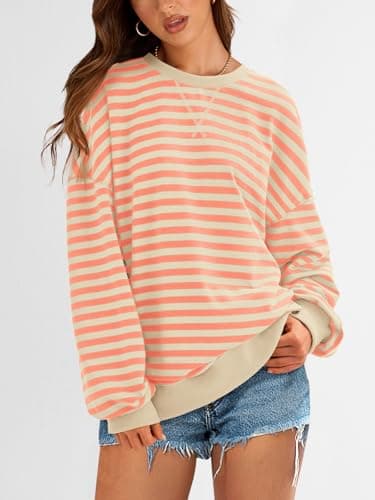 PRETTYGARDEN Womens Oversized Sweatshirt Casual Striped Color Block Long Sleeve Crewneck Pullover Tops Spring Y2k Clothes (Apricot Orange, Medium) - Thumbnail 4