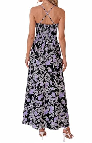 BTFBM Summer Dresses for Women 2026 Spring Floral Spaghetti Strap Smocked Cutout Maxi Dress Resort Beach Vacation Outfit(Floral Black Purple, Large) - Thumbnail 3