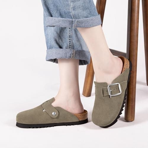 Brelzo Calvior Suede Clogs for Women Leather Mules Slip-on Sandals Men's Potato Shoes with Arch Support Army Green - Thumbnail 2