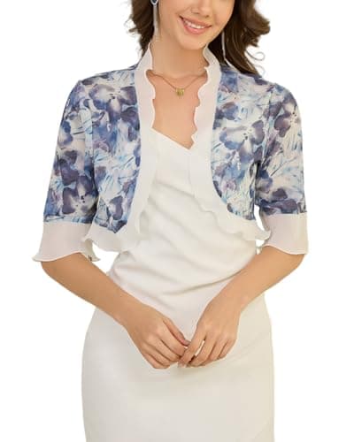 Molirex Shrugs for Women Dresses Formal 3/4 Sleeve Bolero Open Front Cropped Cardigan Sheer Chiffon Cover Up Floral Blue XL - Image 1