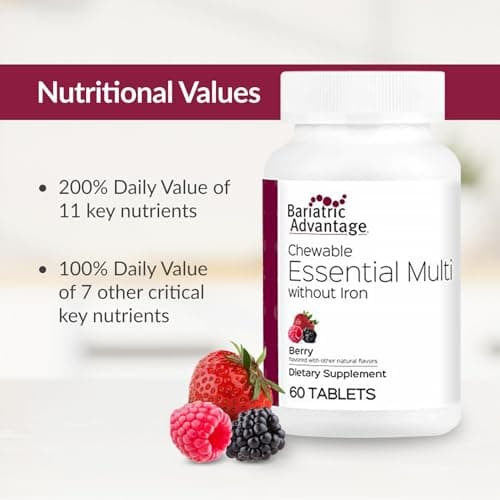 Bariatric Advantage Chewable Essential Multivitamin Without Iron - 200 DV of Key Nutrients - Trace Mineral Support* - Multivitamins for Bariatric Patients - Berry - 60 Count - Thumbnail 5