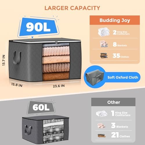 90 L Large Storage Bags, 6 Pack Clothes Storage Bins Foldable Closet Organizers Storage Containers with Reinforced Handle for Clothing, Blanket, Comforters, Bed Sheets, Pillows and Toys (Gray) - Thumbnail 2