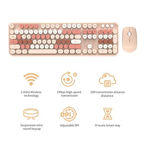 Wireless Keyboard and Mouse Combo Cute Colorful Keyboard and Mouse, Retro Typewriter Keyboard with 2.4GHz Plug & Play, for Windows 11/10/7, Laptop, PC (Milk Tea) - Thumbnail 3