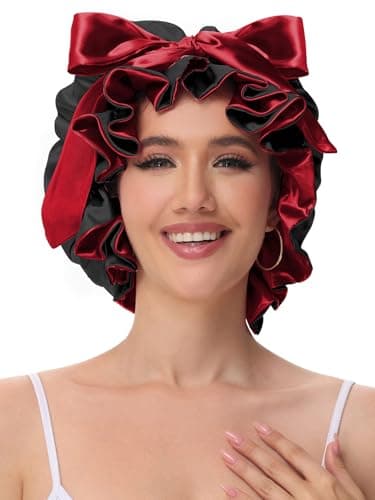 Vettres Hair Bonnet for Sleeping, Satin Silk Shower Cap Women 2026 with Tie Band and Adjustable Straps Head Wrap for Curly Hair Black F - Thumbnail 3