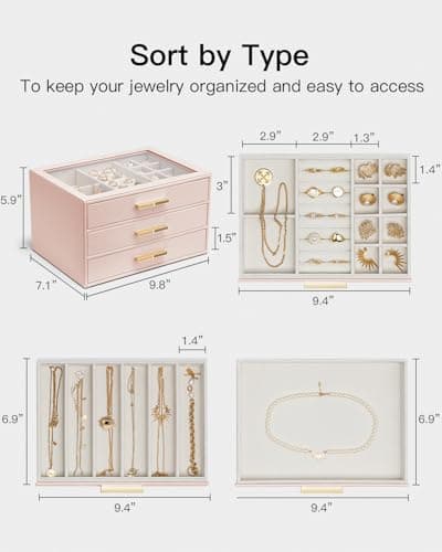 VLANDO Jewelry Box for Women, Glass Lid Jewelry Organizer with 3 Drawers for Necklaces Rings Earrings Bracelets Mother Day Gift for Mom - Dark Pink - Thumbnail 3
