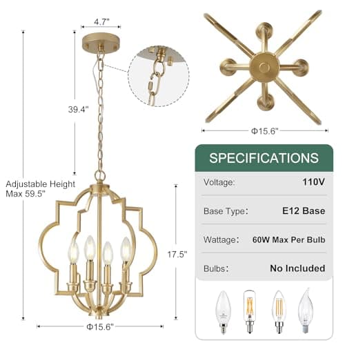 ACANER 4-Light Small Gold Chandelier, 15.6 inch Farmhouse Light Fixtures for Dining Room, Champagne Gold Pendant Light for Entryway Foyer Kitchen Island - Thumbnail 4