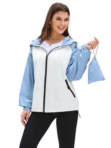PITINAN Raincoat for Women Waterproof Women Rain Jacket with Hood Lightweight Packable Rain Coat Plus Size Windbreaker Jacket Light Blue White XXL