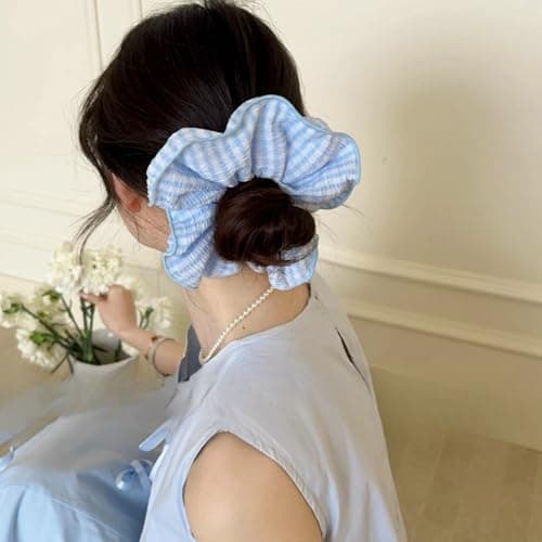 Jseng 3PCS Large Gingham Scrunchies for Hair, Sweet Hair Ties, Beige and Black - Thumbnail 6
