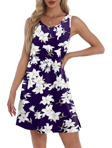 BKRIVE Plus Size Summer Dresses for Curvy Women 2026 Loose Sleeveless Casual Dress Sundresses Floral Navy 2XL - Thumbnail 3