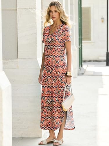 ANRABESS Women’s Summer Maxi Dress V Neck Short Sleeve Slit Side Shirt Dress Loose Fit Travel Beach Dress with Pockets Orange Blue Diamonds X-Large - Thumbnail 3