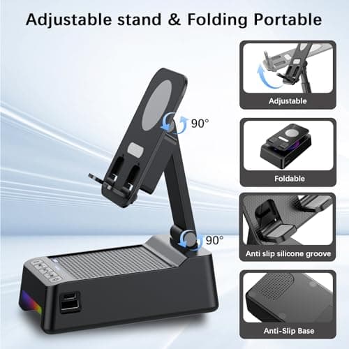 Wireless Induction Speaker, 5 in 1 Bluetooth Speaker with Phone Stand and Power Bank(3000mAh), Birthday Gifts for Men Women Teens, LED Lights 360° Rotation Phone Holder Compatible with Phones iPad - Thumbnail 2