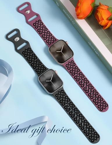 Minyee 2 Pack Engraved Bands Compatible with Apple Watch Band 38/40/41/42mm Women, Soft Silicone Two-Tone Celtic Sport Strap for iWatch Series 11 10 9 8 7 6 5 4 SE/Ultra 3 2 1, Black/VioletRed - Thumbnail 4