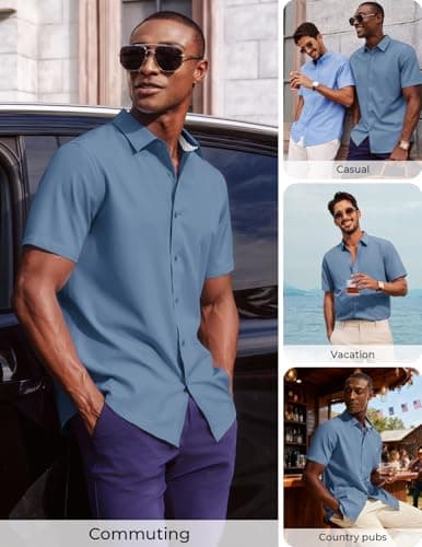 PJ PAUL JONES Mens Dress Shirts Short Sleeve Button Up Shirt Wrinkle Free Business Casual Shirts for Men Summer Work Office Wedding Denim Blue - Thumbnail 4