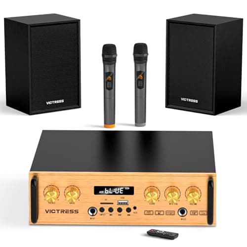 All-in-One 500W Power Amplifier for Home Audio, Bluetooth 5.0 with 2 HiFi Speaker&Wireless UHF Microphones, 2 Channel Stereo Amplifier Set for Home/Party/Music, USB/TF/AUX, Remote Control (Gold)